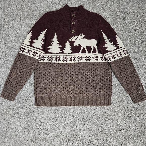 Duluth Trading Sweater Mens Medium Maroon Shetland Wool Fair Isle Moose Cabin - Picture 1 of 8